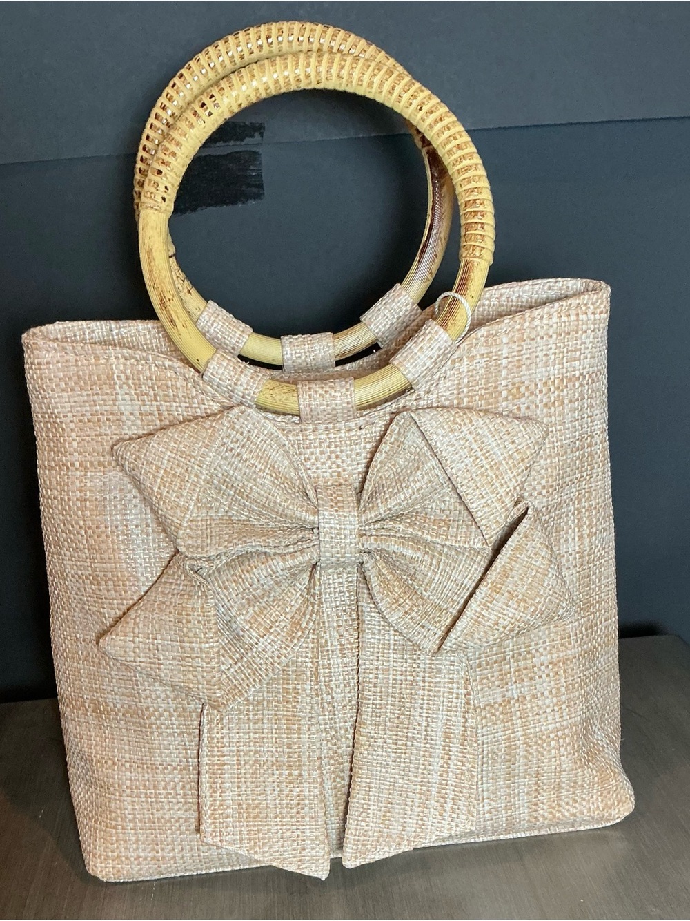 Tommy Bahama Cream Woven Tote with Bow and Rattan Handles